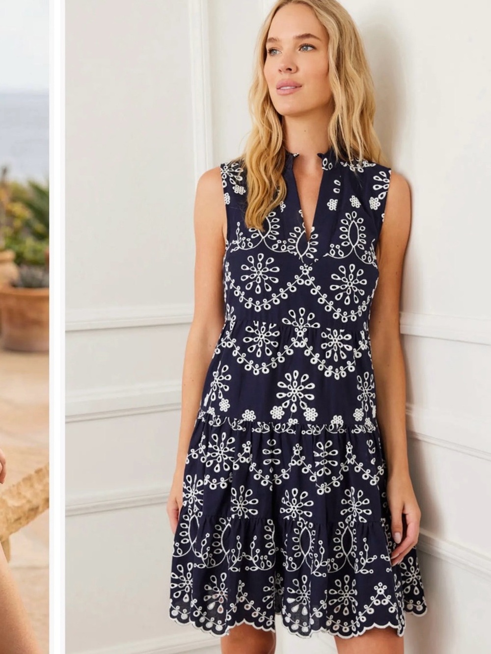 Karen Kane Navy and White Sleeveless Embroidered Dress